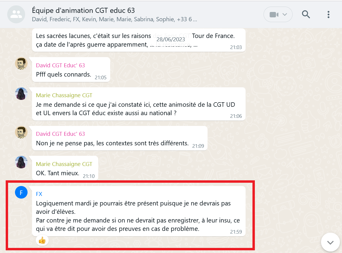 Annexe XVIII - Capture d'écran du groupe Whatsapp du Bureau où il est préconisé d'enregistrer l'UD à leur insu A
